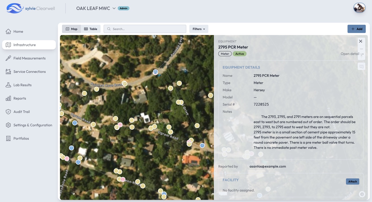 Clearwell infrastructure map showing meter locations and equipment details
